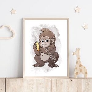 May include: A brown cartoon monkey holding a yellow banana, with a watercolor background.