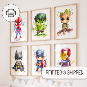 Estampas de super-heróis Chibi - Decoração de arte de parede de super-heróis - Decoração de quarto de berçário - Parede de galeria de arte - Conjunto de 6 pôsteres de super-heróis - Decoração de quarto de bebê