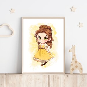 May include: A printable art print featuring a cartoon illustration of Belle from Beauty and the Beast. Belle is depicted as a chibi character with a yellow dress and brown hair. The background is a watercolor wash of yellow and white.