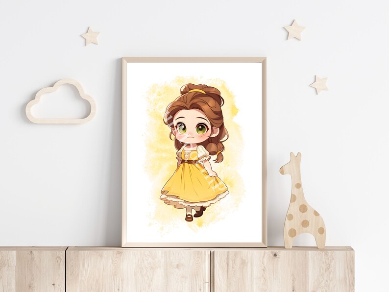 May include: A printable art print featuring a cartoon illustration of Belle from Beauty and the Beast. Belle is depicted as a chibi character with a yellow dress and brown hair. The background is a watercolor wash of yellow and white.