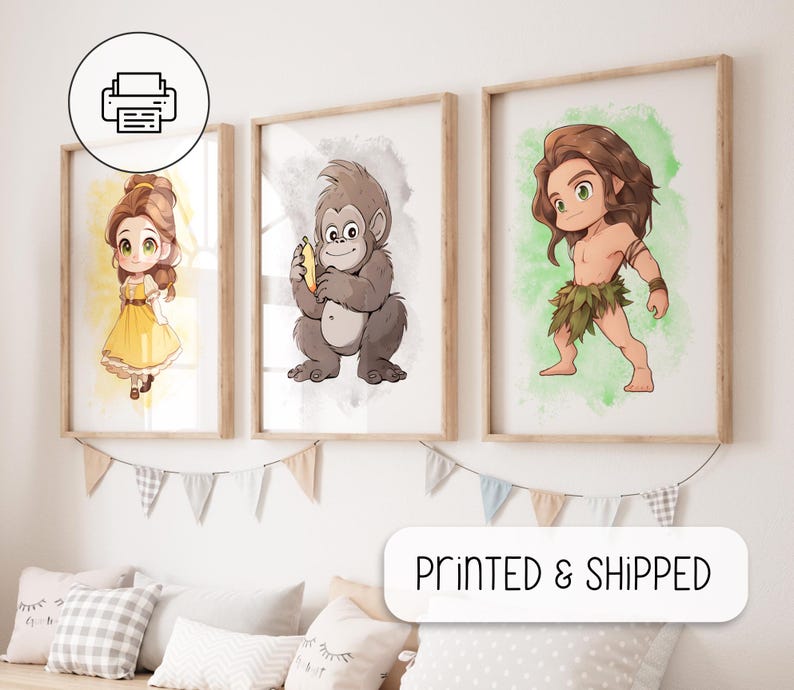 May include: Three framed prints featuring cartoon characters. The first print shows a girl with brown hair and a yellow dress. The second print shows a brown gorilla holding a yellow banana. The third print shows a boy with brown hair and a green loincloth. The prints are on a white wall with a string of flags hanging below them.