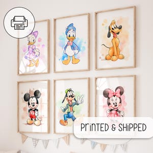 Conjunto de acuarela de Mickey Mouse - Acuarela de Minnie Mouse, Daisy Duck - Arte de pared para guardería - Habitación infantil - Lindas impresiones de Chibi, regalo de cumpleaños