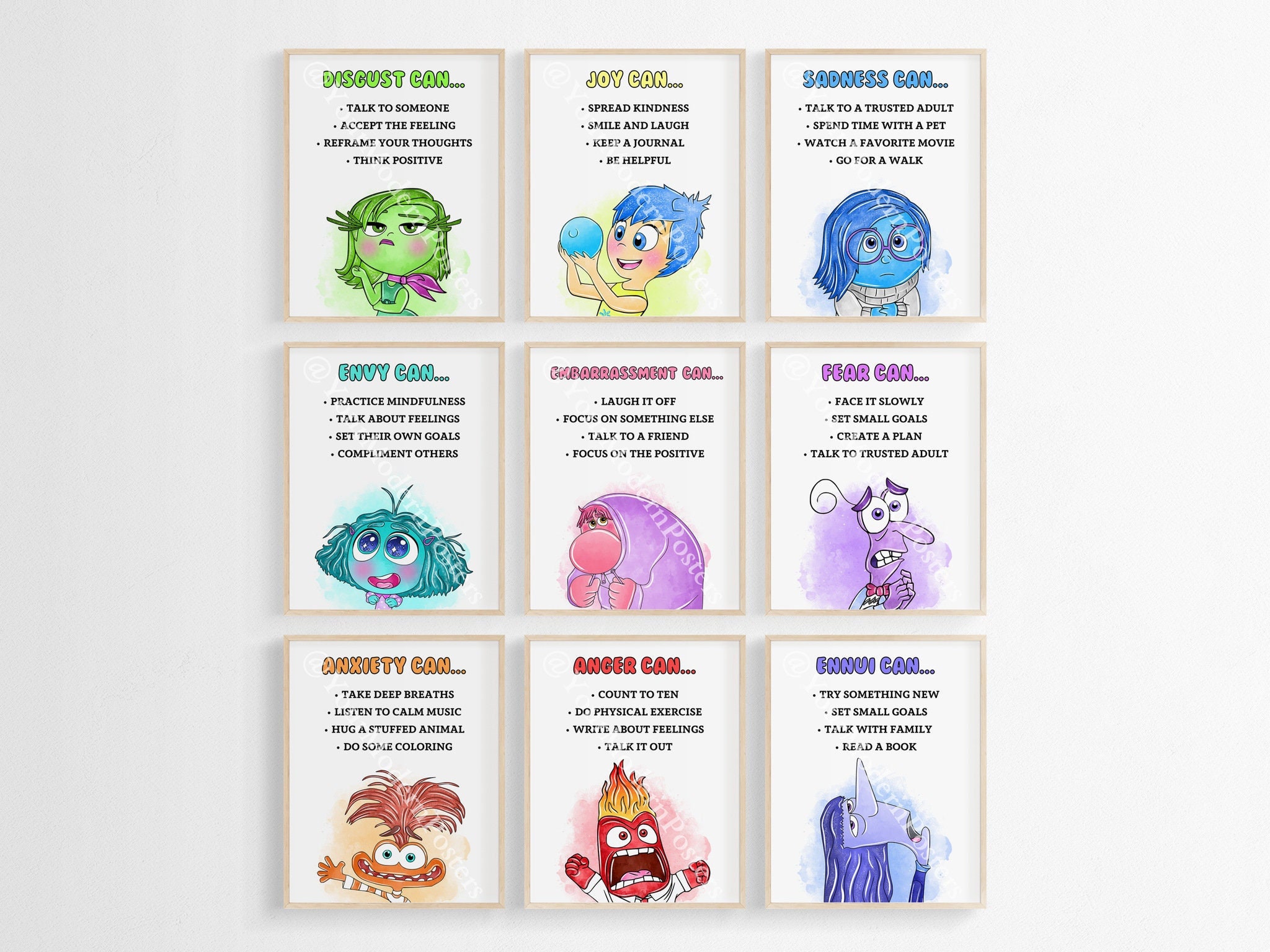 Inside Out 2 Characters, Nursery Room Kids Art - School Decor - Cute Posters Watercolor Art - Positive Affirmations - Emotion Check