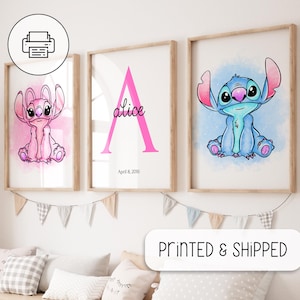 Custom Stitch and Angel Watercolor Art - Nursery Room Wall Gifts - Personalized Initial Name Print - Stitch Painting - Wall Art Gift Poster