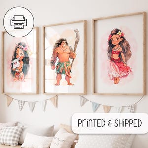 Set di 3 poster acquerellati ispirati a Moana - Stampe di poster carini - Decorazione da parete per la stanza delle bambine - Arte acquerellata della principessa - Stampa della principessa
