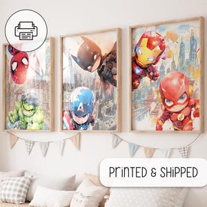 May include: Three framed watercolor prints featuring superheroes: Spider-Man, Hulk, Batman, Captain America, Iron Man, and The Flash. The prints have a cityscape background and are displayed above a bed with pillows and a banner.