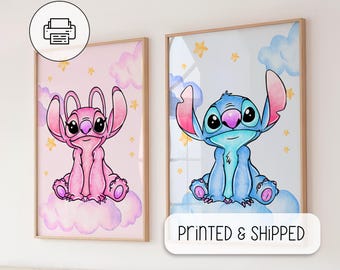 Cute Stitch and Angel Colorful Art - Nursery Room Wall Gifts - Lilo And Stitch Poster - Nursery Room Wall Decor, Ohana Means Family Poster