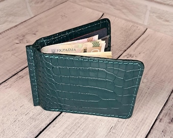 Slim Aquamarine Leather Money Clip Wallet, Crocodile Embossed Handmade Minimalist bifold wallet