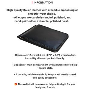 May include: Black leather wallet with a billfold clip and card slots. The wallet is made of high-quality Italian leather and measures 12 cm x 8.5 cm when folded. The edges are sanded, polished, and hand-painted for a durable finish. The image includes the word "INFORMATION".