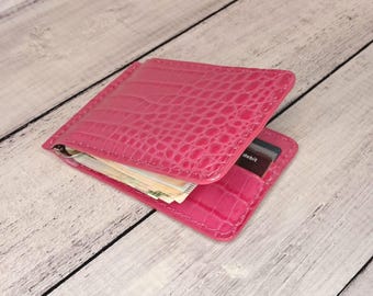 Slim Pink Leather Money Clip Wallet, Crocodile Embossed Handmade Minimalist bifold wallet