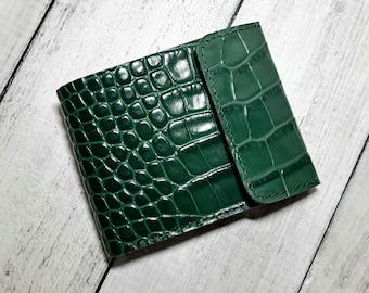 Portefeuille en cuir vert, sac à main compact en relief crocodile : cadeau parfait