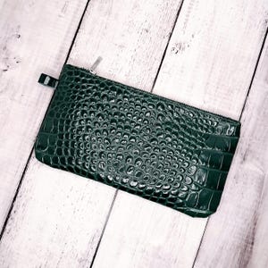 Carteira de couro verde, bolsa de mão com relevo de crocodilo, bolsa de maquiagem, bolsa de cosméticos de couro, bolsa de maquiagem feminina, bolsa de maquiagem, bolsa de cosméticos
