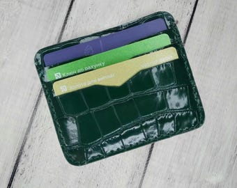 Porte-cartes en cuir gaufré crocodile vert, mini portefeuille, petit portefeuille