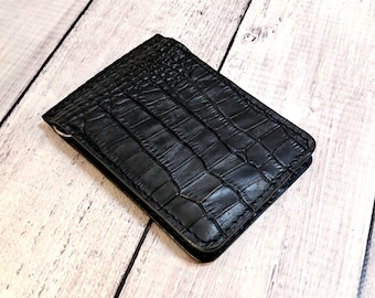 Slim Leather Money Clip Wallet, Crocodile Embossed Handmade Minimalist bifold wallet