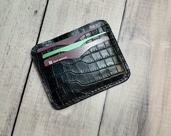 クロコダイル型押しレザーカードホルダー、カードケース、小型財布
