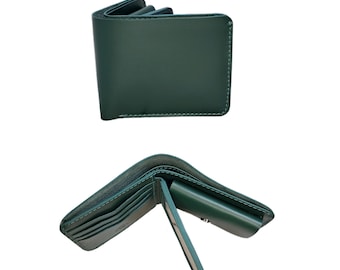 Green leather compact bifold wallet, purse: Perfect Gift