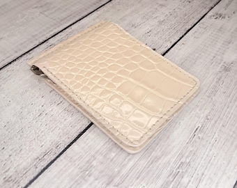 Slim Beige Leather Money Clip Wallet, Crocodile Embossed Handmade Minimalist bifold wallet