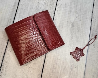 Red Leather Compact Wallet, Crocodile Embossed Purse, Gift for Her