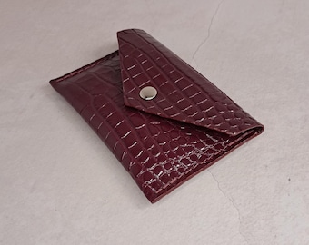 Burgundy Leather Crocodile Embossed Card Holder envelope, Slim Wallet for Credit Cards, Card Case