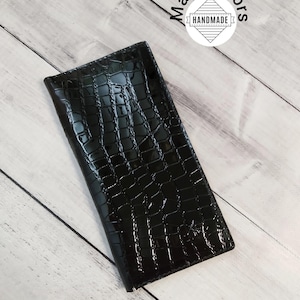 Black women's Leather Wallet, Crocodile embossed purse, Longer wallet, Gift for her