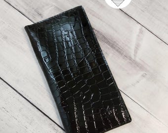 Portefeuille en cuir noir pour femme, sac à main en relief crocodile, portefeuille plus long, cadeau pour elle