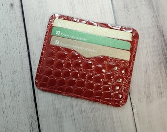 Patent Red leather card holder Embossed Crocodile, Small Leather wallet, Card Wallet, Gift Card Holder