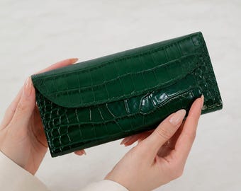 Portefeuille en cuir vert gaufré crocodile, long sac à main pour femme