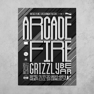 Arcade Fire – Pôster de banda folheada a prata com arte artesanal cortada em papel – Design gráfico Música Decoração de casa