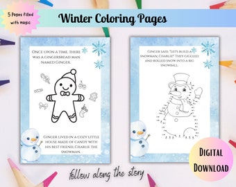 May include: Two winter-themed coloring pages with text and illustrations. One page features a gingerbread man, the other a snowman. The text reads "Winter Coloring Pages", "Digital Download", and "follow along the story". The pages are surrounded by a light blue watercolor background.