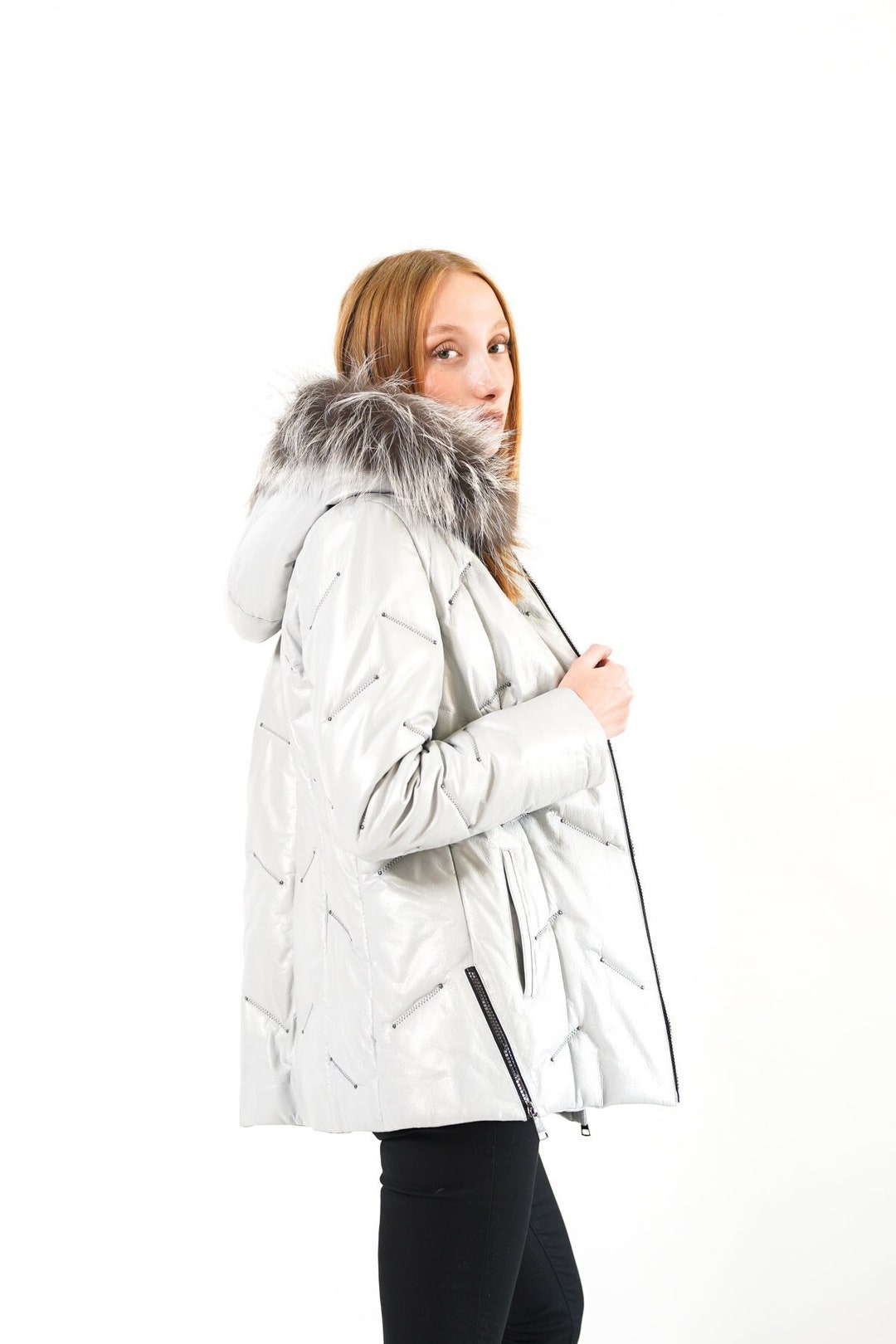 Long Genuine Puffer Leather Jacket With Hooded and Fur Detail - Etsy