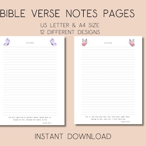 Páginas de cuaderno imprimibles cristianas, papelería imprimible, páginas de notas de versículos bíblicos, páginas de notas minimalistas, papel de notas de mariposas de acuarela
