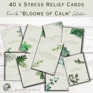 40 x Tarjetas para aliviar el estrés: "Blooms of Calm" incluye citas, afirmaciones, juegos, tarjetas de gratitud y más sobre dibujos y fotografías botánicas