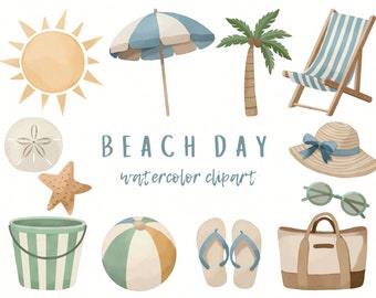 Beach Watercolor Clipart Bundle, Summer Theme PNG Files, Sun Shine, Umbrella, Palm Tree, Sunglasses, Starfish, Digital Paper, Commercial Use