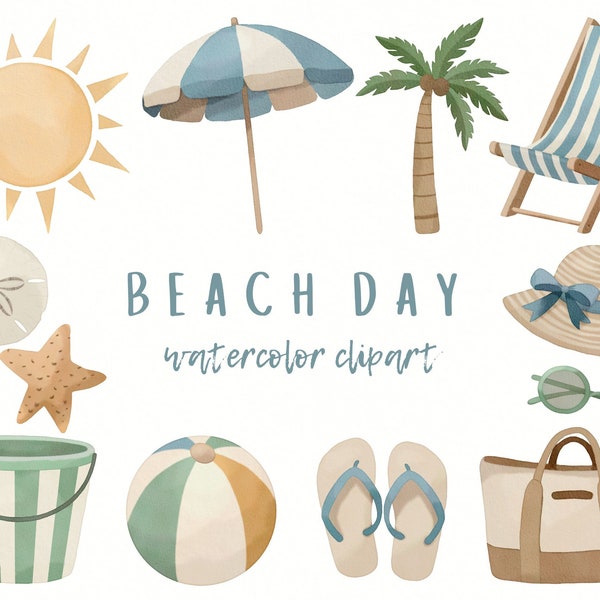 Beach Watercolor Clipart Bundle, Summer Theme PNG Files, Sun Shine, Umbrella, Palm Tree, Sunglasses, Starfish, Digital Paper, Commercial Use