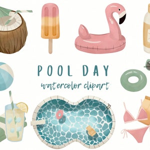 Paquete de imágenes prediseñadas de acuarela de verano, archivos PNG temáticos de fiesta en la piscina, limonada, flotador de flamenco, gafas de sol, papel digital, uso comercial