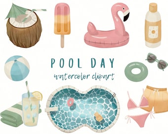 Summer Watercolor Clipart Bundle, Swimming Pool Party Theme PNG Files, Lemonade, Flamingo Float, Sunglasses, Digital Paper, Commercial Use