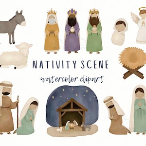 Aquarell Krippe Szene Clipart Bundle, Weihnachts Thema PNG-Dateien, Jesuskind, die Heiligen Drei Könige, Maria, Joseph, digitales Papier, kommerzielle Nutzung