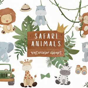 Safari Watercolor Clipart Bundle, Jungle Animals for Baby Shower and Birthday Party Decorations, Printable Nursery Art, Lion, Zebra, Giraffe
