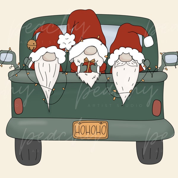 Christmas Gnomes PNG Sublimation, Santa Gnomes in Green Truck Clipart, Holiday Themed Instant Download