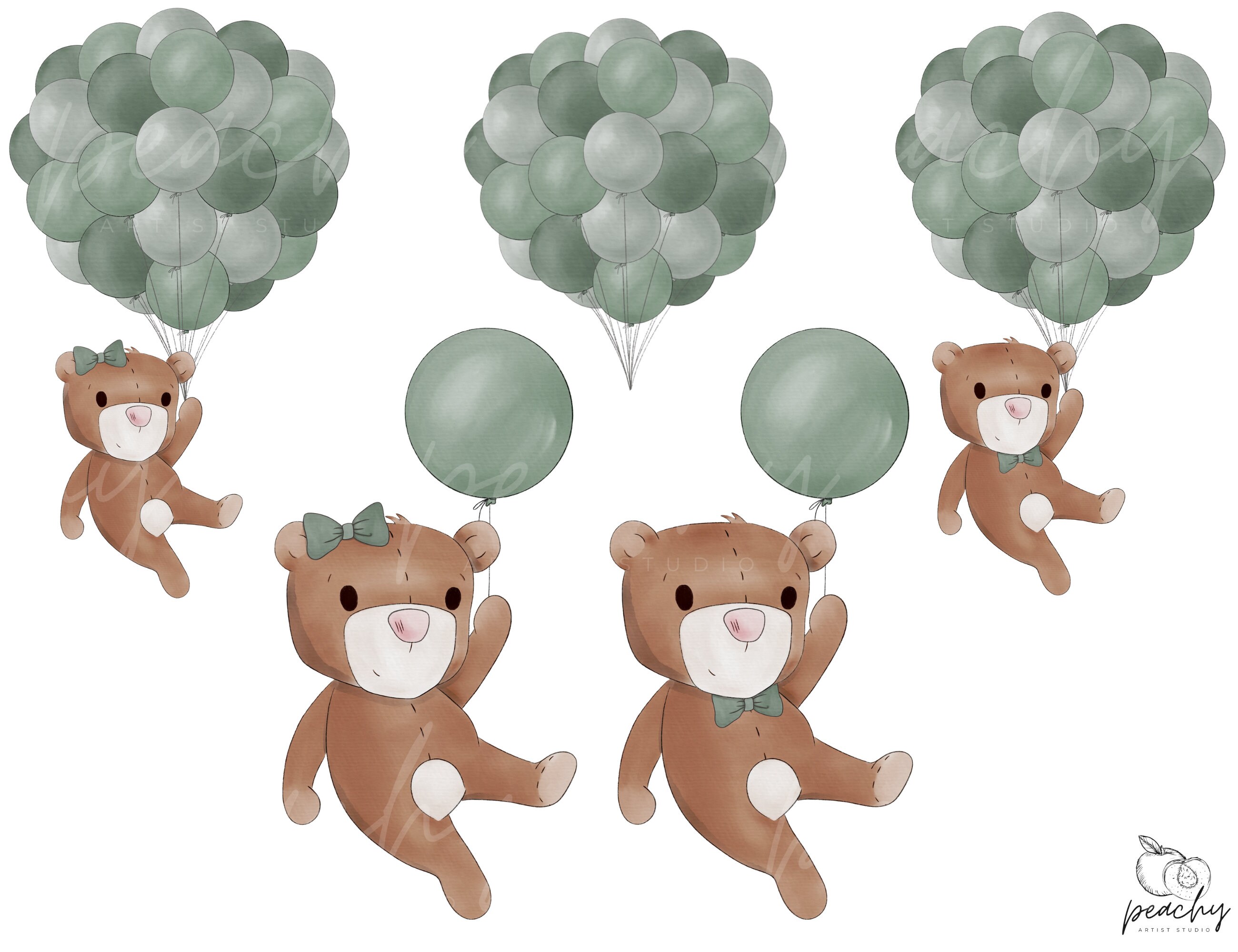 Watercolor Teddy Bear Clipart Bundle, Bears With Balloons PNG, Teddy ...