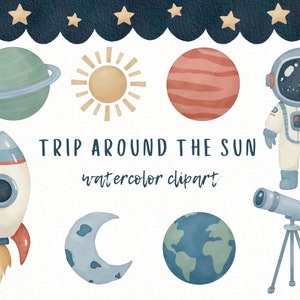 Aquarell Weltraum Clipart Bundle, Erste Reise um die Sonne Party Thema PNG Dateien, Astronaut, Rakete, digitales Papier, kommerzielle Nutzung