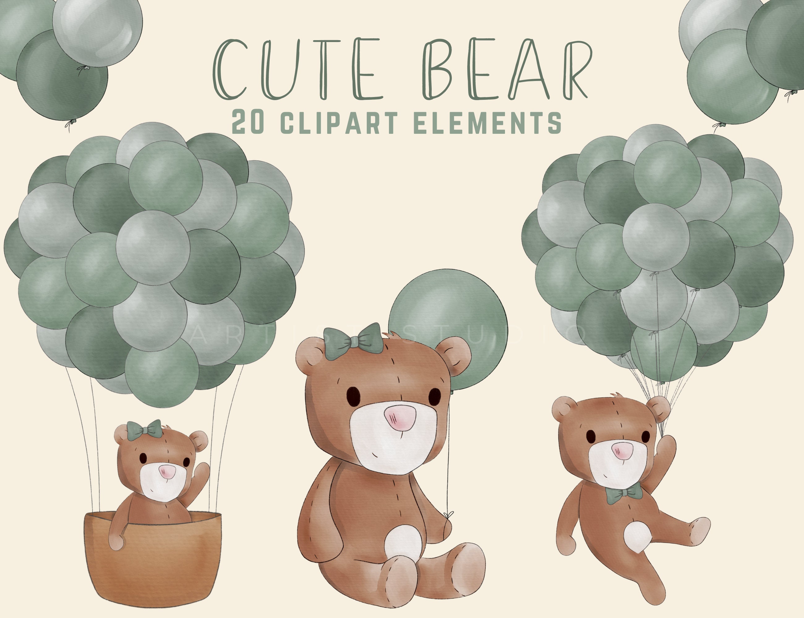 Watercolor Teddy Bear Clipart Bundle, Bears With Balloons PNG, Teddy ...