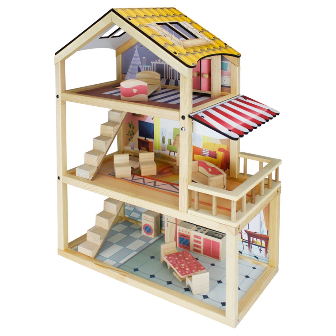 Adorabile grande casa delle bambole grigia con terrazza e balcone - Casa delle bambole per bambini - Regalo di Natale perfetto per le bambine - Italia