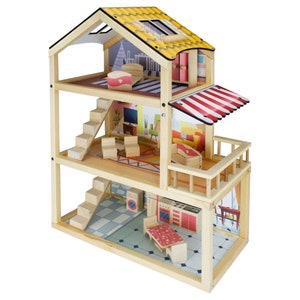 wooden dollhouse, wooden dollhouse play set for kids, wooden house play set, wooden toy house