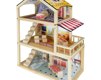 wooden dollhouse, wooden dollhouse play set for kids, wooden house play set, wooden toy house