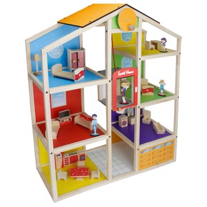 wooden dollhouse with elevator