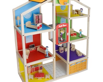 casa de muñecas de madera con ascensor