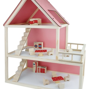 natural wooden pink dollhouse