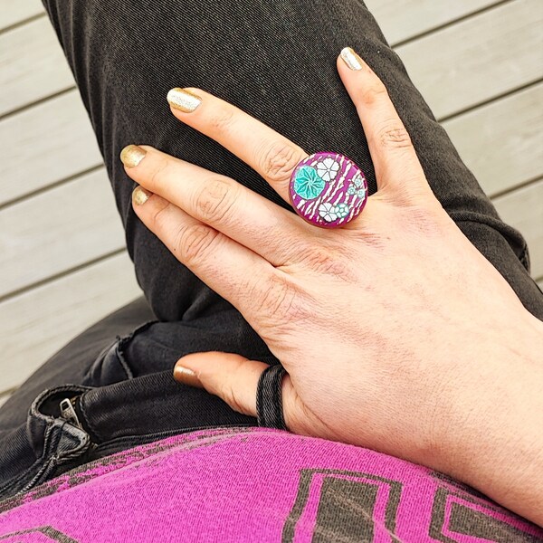 Bague SNEHA violette, vert menthe, Argile polymère, bijou d'Art, Cadeau fête des Mères