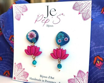 Boucles d'Oreilles YANA Smile, Bijou d'Exception, Cadeau Fête des Mères, Lotus, Magenta, Argile Polymère, Fait main en France